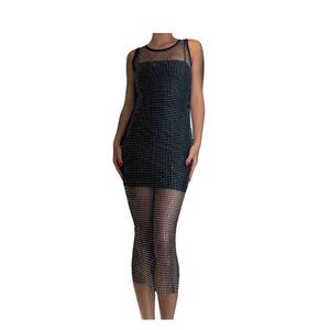 House of Harlow 1960 Black Mesh Rhinestone Dress Including Black Slip Dress
